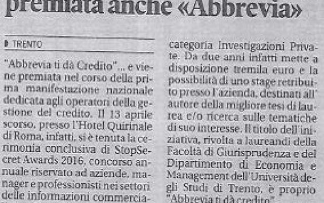 IL TRENTINO (quotidiano del Trentino Alto Adige) 19 maggio 2016