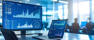 Schermi di computer con grafici e trend, dati e statistiche, su una scrivania di un ufficio, con persone in meeting in secondo piano