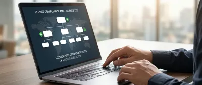 Primo piano delle mani di un professionista che analizza una struttura societaria complessa e una mappa globale su un computer portatile, visualizzando un report di adeguata verifica AML con icone di scudo e lucchetto verde per la sicurezza decisionale.